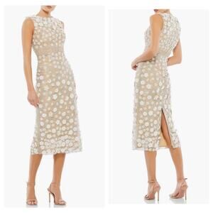 Mac Duggal Beaded Floral Appliqué Midi Sheath Formal/Prom Dress Nude Size 8 NWT